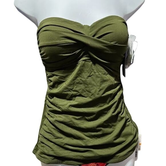 Anne Cole Solid Twist Front Shirred Bandeau Tankini Top Olive Size Small NWT - Picture 1 of 5